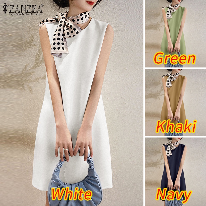 Zanzea Đầm Dài Qua Gối Không Tay Cổ Tròn Màu Trơn Thời Trang Hàn Quốc Thanh Lịch Dành Cho Nữ