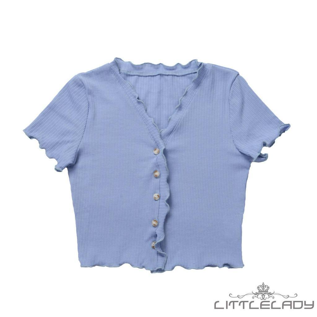Áo kiểu croptop dệt kim có cài nút màu xanh dương trơn thời trang mùa hè dành cho nữ