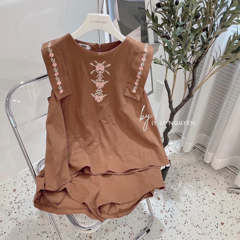 Set Bộ Mặc Nhà Hoa Thêu Nâu Cánh Tiên