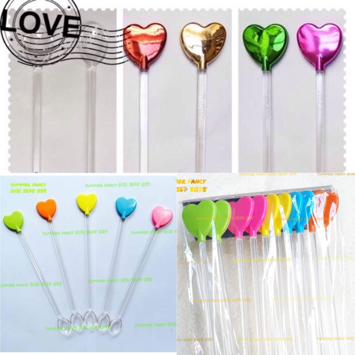 Muỗng 22cm trái tim đủ màu, màu chrome siêu nhũ, tim xi nhựa pha chế que khuấy thìa bar sao nơ - Heart spoon