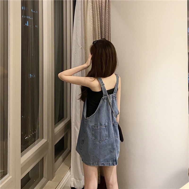 Đầm Yếm denim Dáng Rộng Lưng Cao Phong Cách Hàn Quốc Thời Trang Cho Nữ