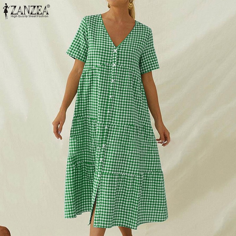 Đầm Zanzea tay ngắn cổ chữ V họa tiết sọc caro thiết kế xếp tầng thời trang cho nữ