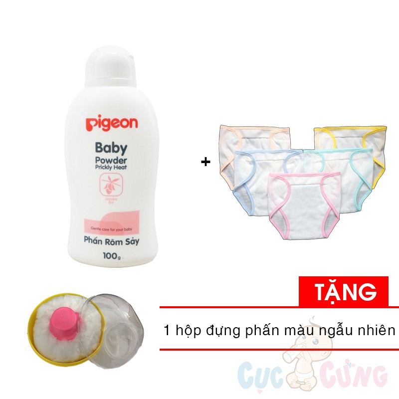 Phấn rôm Pigeon 100gr + 5 cái tã vải dán trắng viền màu (size 1-2-3) Tặng Hộp đựng phấn