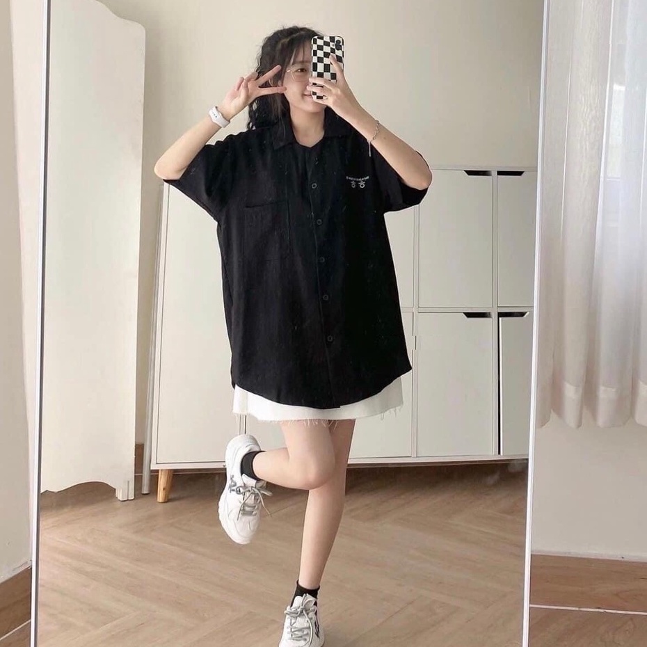 Áo sơ mi nữ cộc tay chữ hàn - áo sơ mi nữ cộc tay dáng rộng, in chữ hàn quốc SIÊU HOT | BigBuy360 - bigbuy360.vn