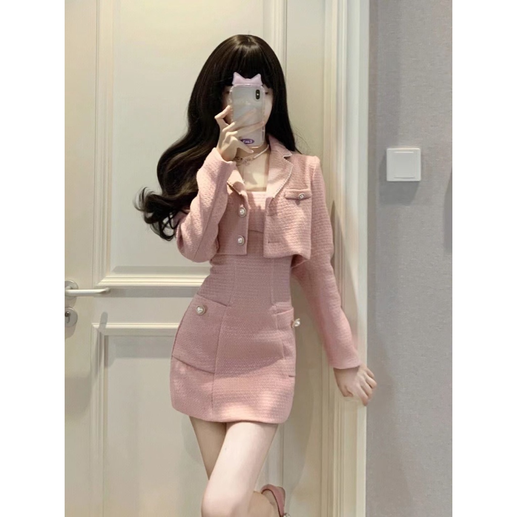 Bộ Áo Khoác + Đầm Hai Dây Dáng Chữ a Phong Cách Hàn Quốc Thời Trang Cho Nữ