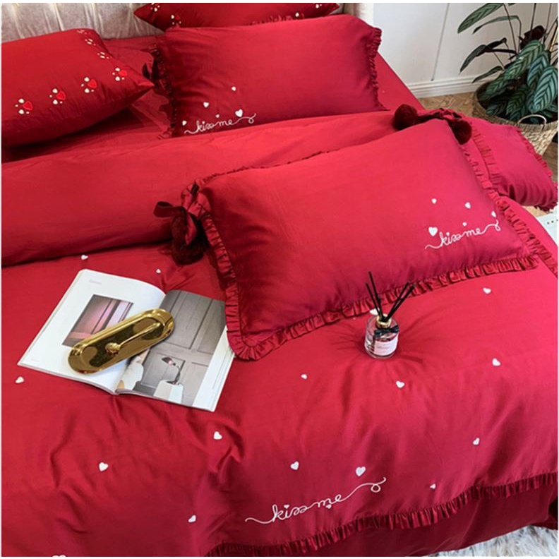 Bộ Chăn Ga Gối Lụa cưới  Kiss Me nơ bông Hàng Cao cấp Siêu Đẹp