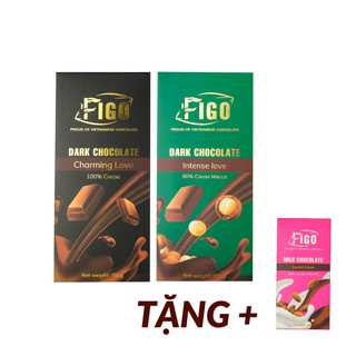 Combo 2 Socola đen 100% cacao nguyên chất không đường 100g và Socola đen 80% cacao Hạt Macca diet 100g Figo+ Tặng Socola