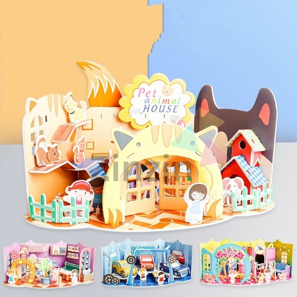 Set 4 Bộ Lego giấy Shop Quần Áo, Cửa Hàng Thú Cưng, Showroom Ô Tô, Shop Bán Kem, Đồ Chơi Cho Bé
