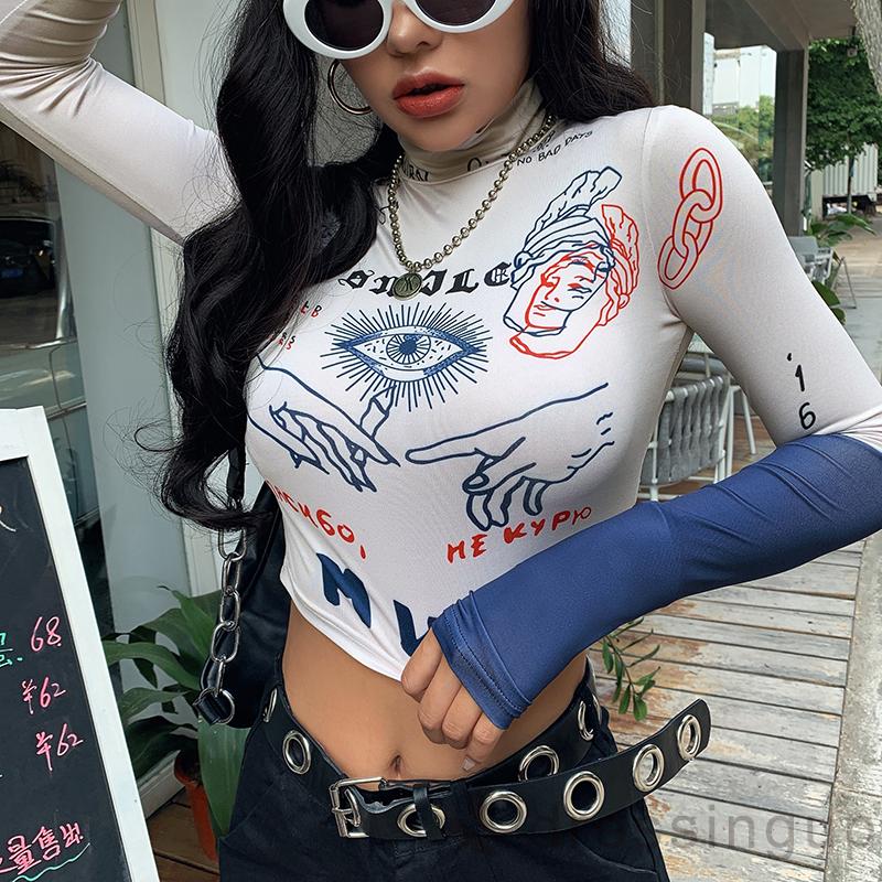 Áo thun dáng ngắn tay dài cổ cao in họa tiết thời trang cá tính cho nữ