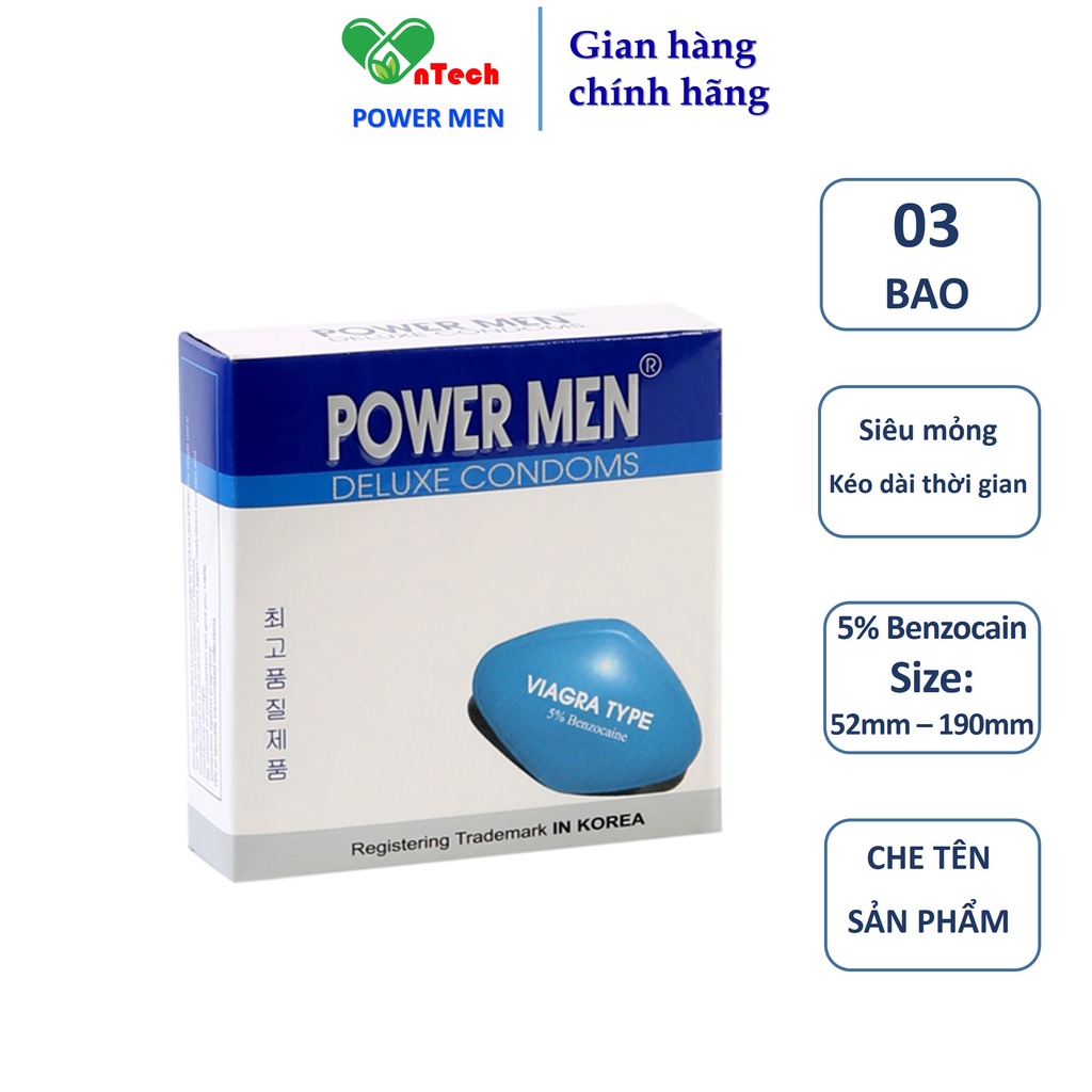 Bao cao su POWER MEN VIAGRA TYPE siêu mỏng trơn nhiều gel bôi trơn chứa 7% Benzocain siêu kéo dài thời gian hộp 03 chiếc