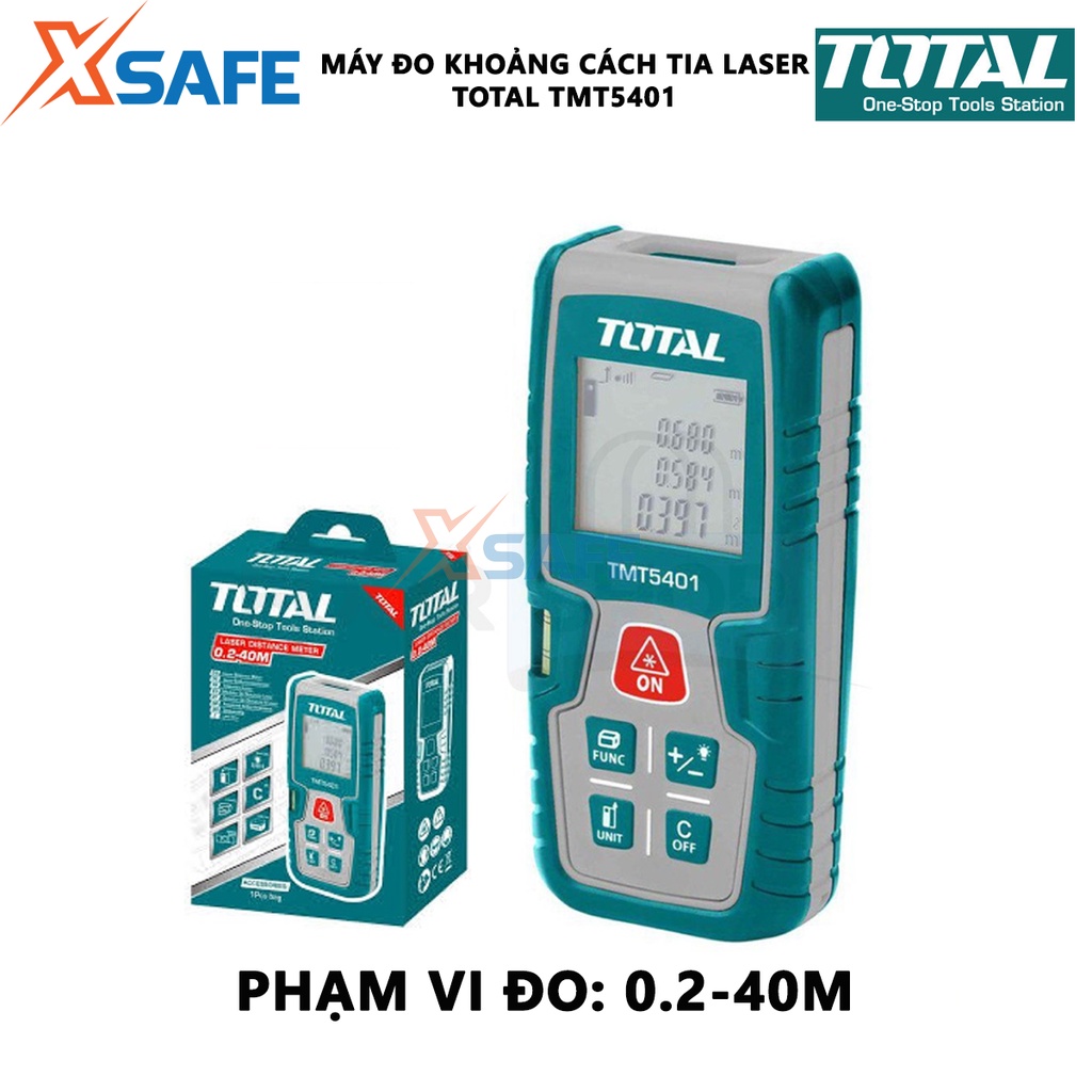 Máy đo khoảng cách tia laser TOTAL TMT5401 kỹ thuật số, phạm vi đo 0.2-40m các phép đo 50 giá trị, pin AAA, 2x1.5V