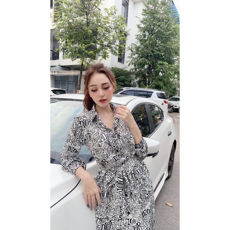 Váy sơ mi họa tiết túi hông vnxk