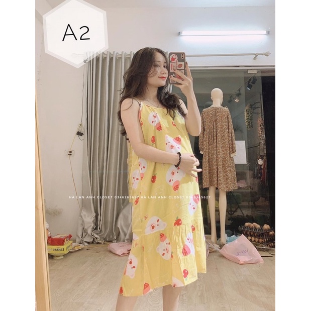 Váy lanh bầu sát nách, 2 dây, đồ bầu ngủ dáng xuông, mặc nhà mùa hè cho bầu, béo, sau sinh