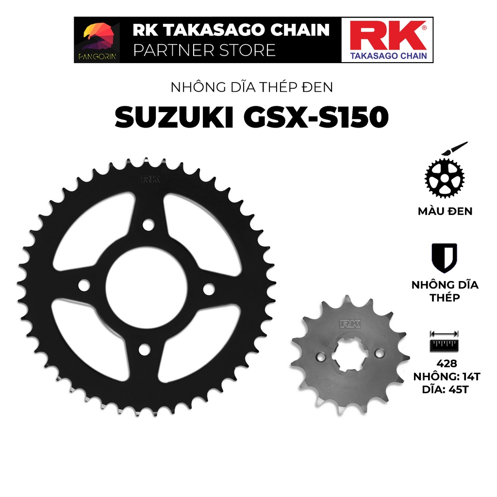 Nhông Dĩa RK Takasago cho xe máy Suzuki GSX-S150, chất liệu: Thép mạ màu đen, độ dày Nhông Dĩa: 428