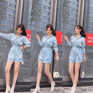🍀set sơ mi xanh + quần short