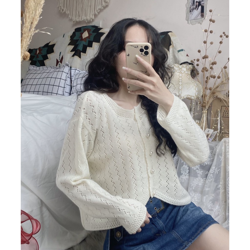 (ảnh thật Mint) Áo cardigan len khuyết dáng crop lửng