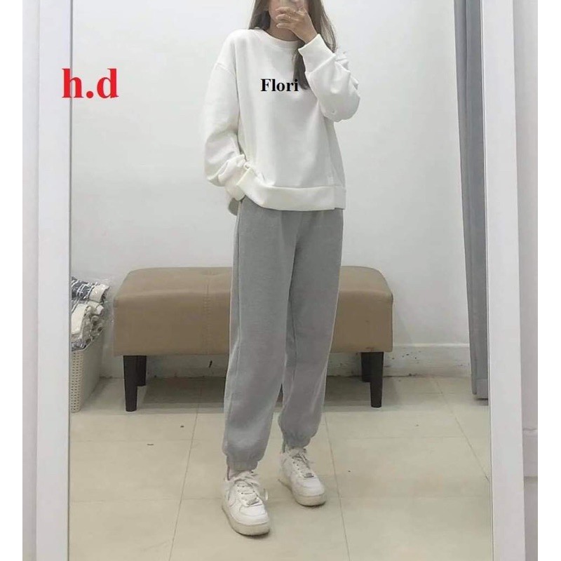 bộ nỉ áo trắng cổ chui Flolia + quần thun xám chun gấu