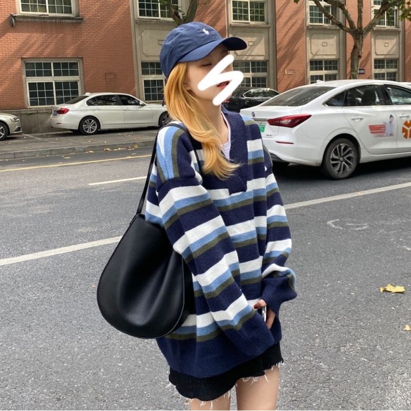Áo Len Tay Dài Dáng Rộng Họa Tiết Kẻ Sọc Phong Cách Hàn Quốc Thời Trang Cho Nữ