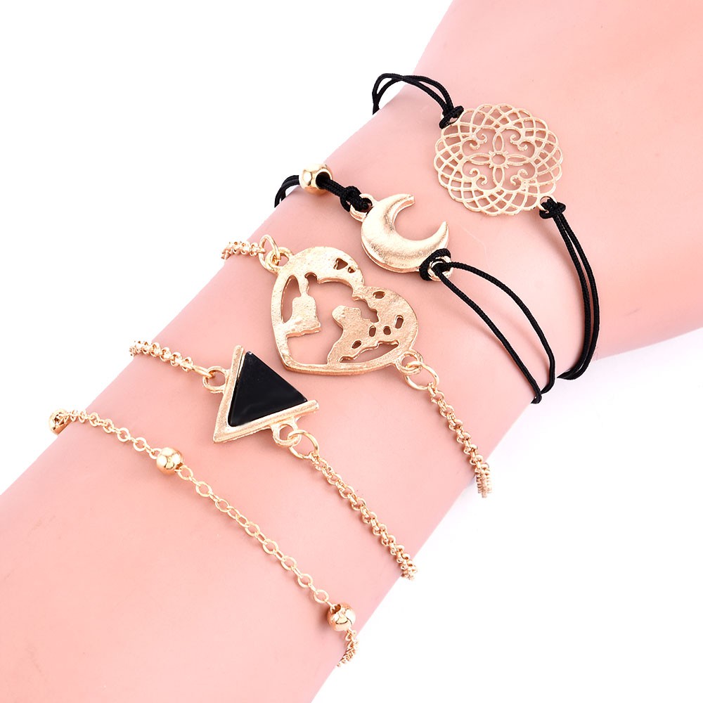 Bộ 5 vòng tay chuỗi hạt mặt trăng và trái tim phong cách Boho thời trang cho nữ