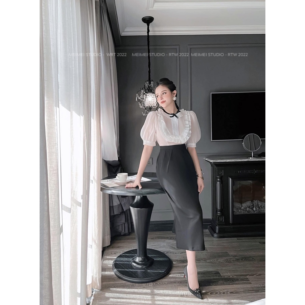 Đầm Delux phối đập ly nơ cổ - Dáng midi cổ tròn tay cộc - Mặc đi chơi, đi làm | XTV15 | MeiMei Studio
