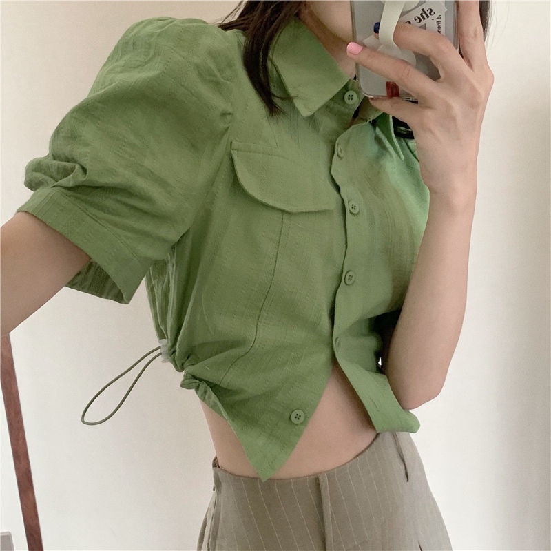 Áo Sơ Mi Ngắn Tay Phối Dây Rút Thiết Kế Đơn Giản Sáng Tạo Thời Trang Hàn Quốc