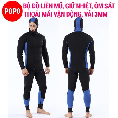 Bộ đồ lặn biển có sẵn mũ trùm đầu POPO vải dày 3mm giữ nhiệt ôm cơ thể thoải mái vận động