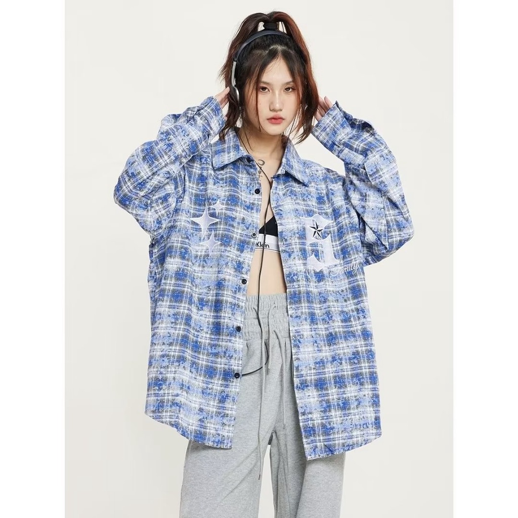 Áo Sơ Mi Caro Thêu Chữ Phong Cách Hiphop Thời Trang Cho Nam Nữ