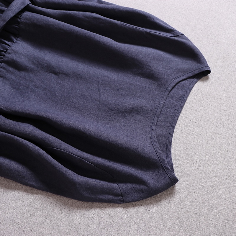 Đầm suông linen dáng chữ A cổ tròn tay lỡ xanh than, chất đũi mềm mát, thời trang phong cách Hàn Quốc