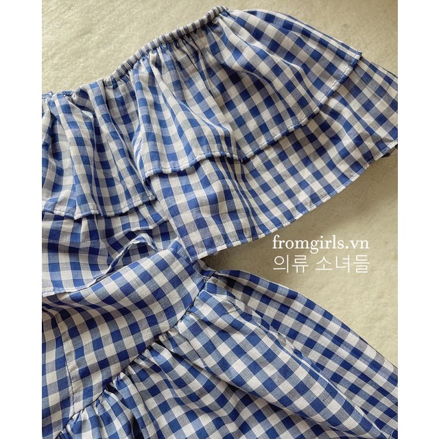 Váy trễ vai kẻ caro xanh, đầm caro trễ vai dáng ngắn vai bèo sexy - V72