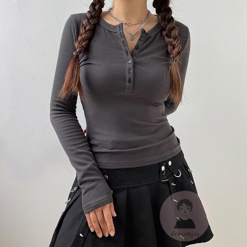 Áo Thun Dài Tay Ôm Dáng Màu Đen Phối Nút Thời Trang Cho Nữ
