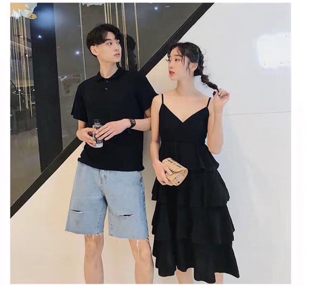 Áo đôi: Áo đầm layer maxi 4 tầng + Áo thun nam