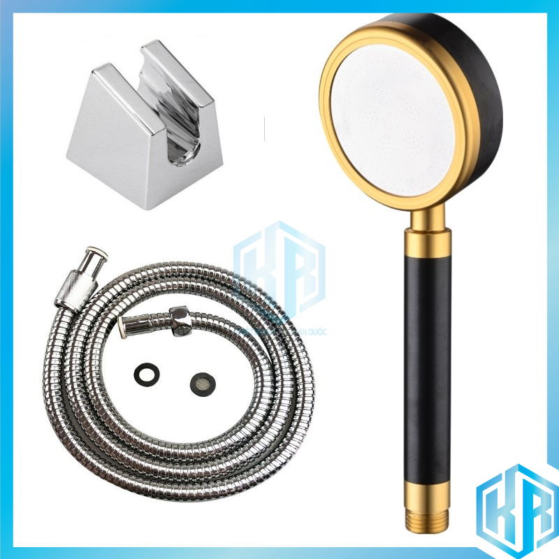 Bộ vòi hoa sen tắm tăng áp hợp kim nhôm màu vàng đen có hạt lọc kháng khuẩn đủ bộ tay sen+dây+gác cài -QM030