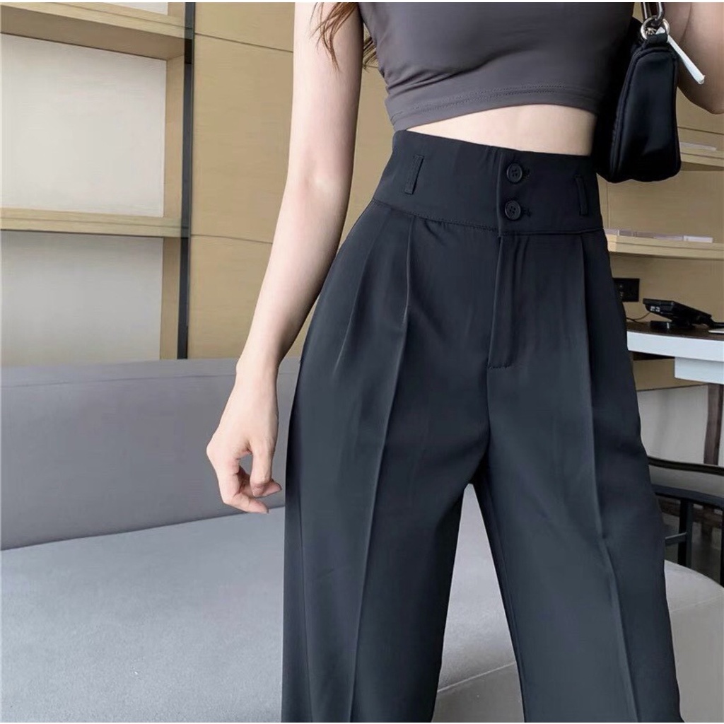 Quần ống suông nữ rộng lưng cao kiều Hàn Quốc, Quần ống rộng nữ cạp cao 2 khuy nữ đi học làm công sở vải tuyết mưa mềm