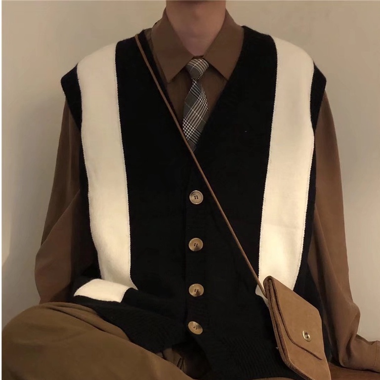Áo cardigan len không tay dáng rộng màu sắc tương phản phong cách harajuku dành cho nam giới áo sweater khoác  thời trang áo tay lỡ  phối hàn áo dệt kim
