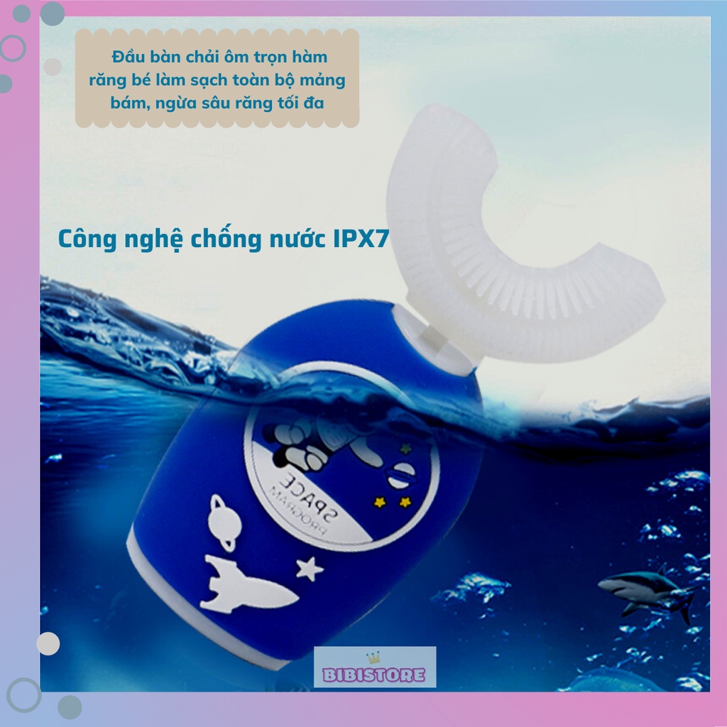 Bàn Chải Đánh Răng Điện Chữ U SiIicon Siêu Mềm Cho Bé,  Bàn Chải ĐiệnTrẻ Em Tự Động Cao Cấp 5 chế độ