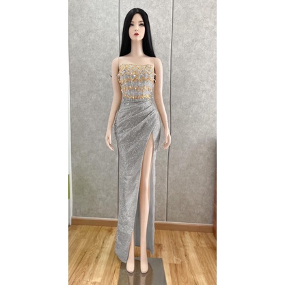 Đầm maxi kim sa kết hạt có lót trễ vai xoắn eo sang trọng TRIPBLE T DRESS - size M/L - MS127V