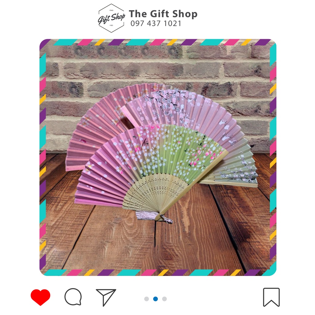 Quạt xếp cổ trang vải nan tre size 21 tông màu xanh hồng