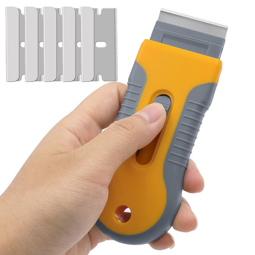 Dụng Cụ Cạo Miếng Dán Kính Xe Hơi Bằng Nhựa Kèm 5 Lưỡi Cạo Thay Thế Tiện Dụng
