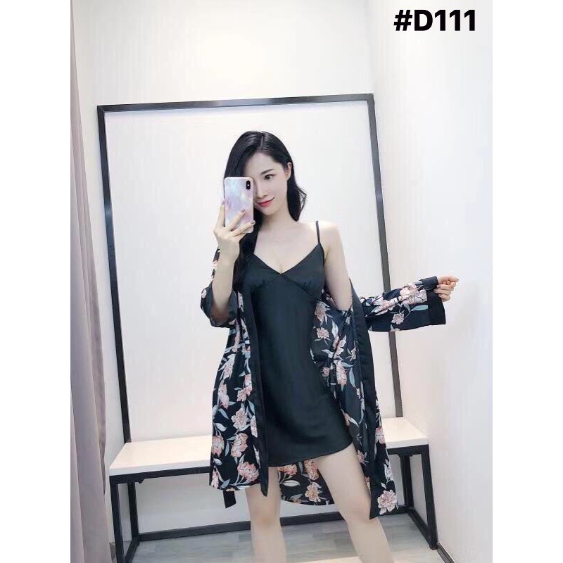 Set Đầm Ngủ Lụa 2 Dây Phối Áo Choàng Hoạ Tiết DNAC111 Sang Trọng - Đồ Ngủ Nữ Hàng Nhập Cao Cấp Chất Lượng Đẹp
