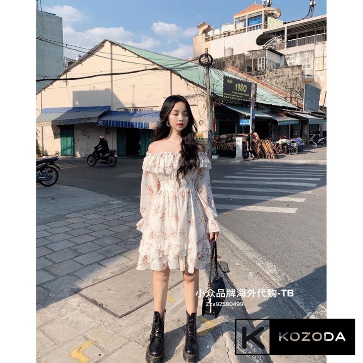 Váy Hoa Nhí Đầm Voan vintage Dáng Dài đẹp trễ vai bèo dài tay chun eo dáng xòe có lớp lót Quảng Châu kozoda d16 | BigBuy360 - bigbuy360.vn