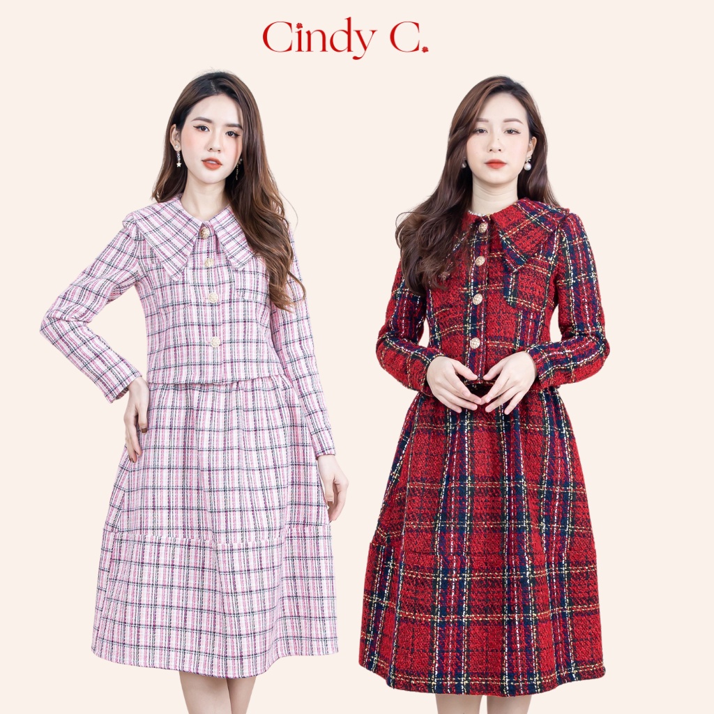 Set Áo Kèm Chân Váy Browny CINDY C Chất Liệu Dạ Tweed Kẻ Caro Thanh Lịch Nữ Tính 922 / 923 Martian