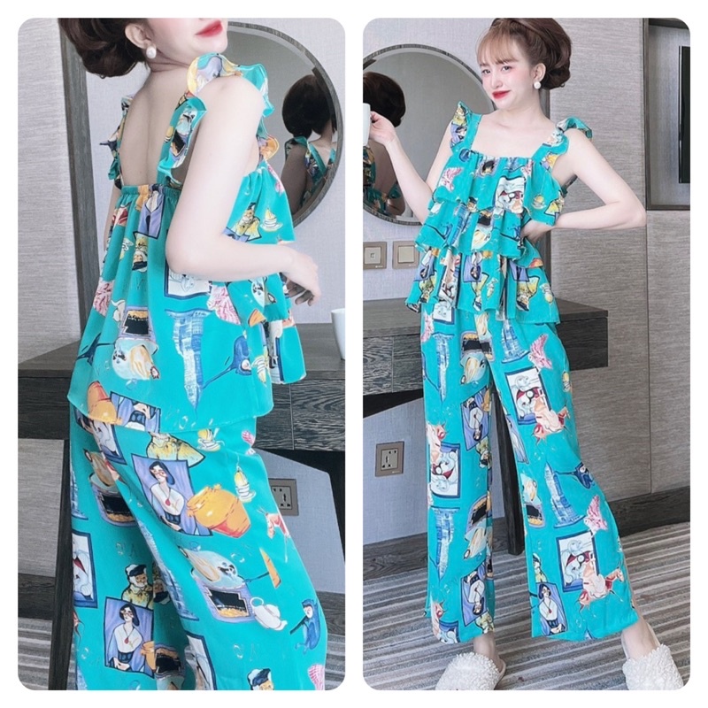 Bộ mặc nhà Trúc My áo 2 dây cánh tiên bèo tầng và quần dài ống suông rộng vải lụa cao cấp