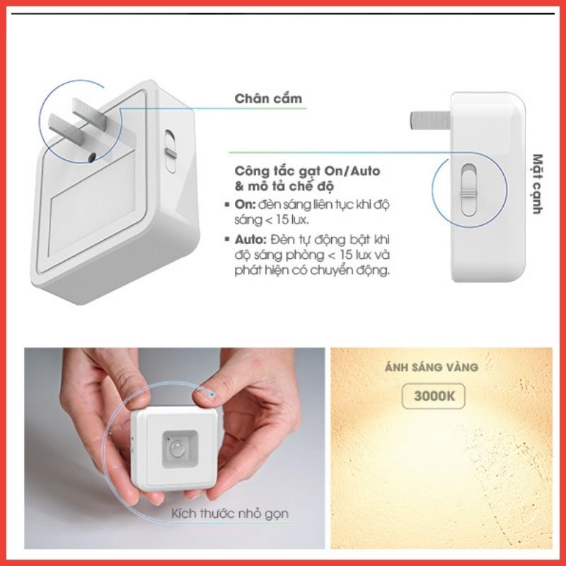 Đèn Ngủ Cảm Biến Ánh Sáng Rạng Đông - Đèn Ngủ Cảm Ứng Phát Hiện Chuyển Động ĐN01.PIR 65x65/0.3W