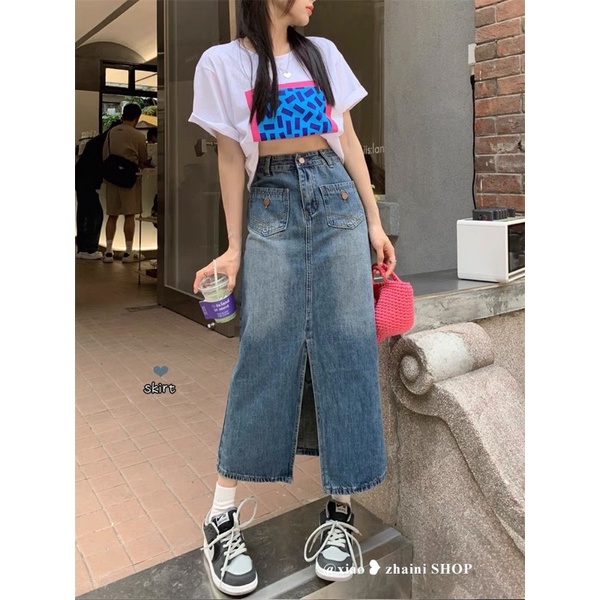 Chán váy bò dài xẻ giữa 2 túi trước