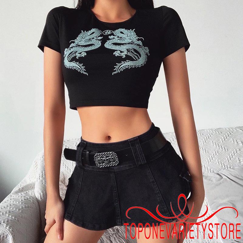 Áo croptop nữ in hình rồng thời trang