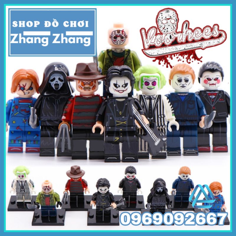 Đồ chơi Xếp hình Halloween gồm Michael Ghostface Draven Jigsaw Jason Chucky Beetlejuice Freddy Kruger Minifigures WM6075