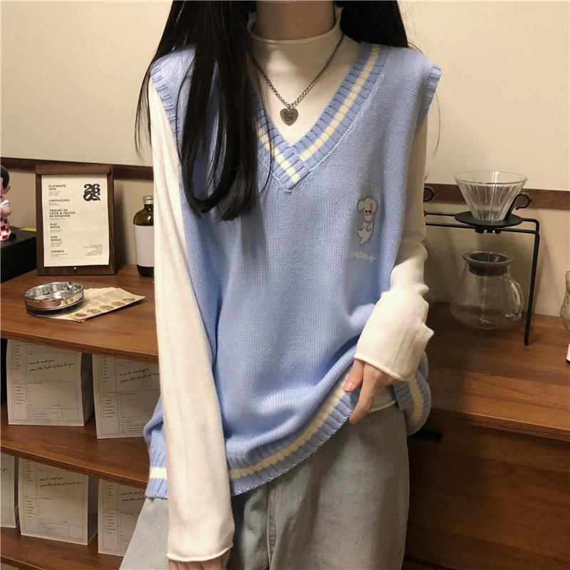 Áo gile dệt kim dáng rộng cổ chữ V phong cách Hàn Quốc