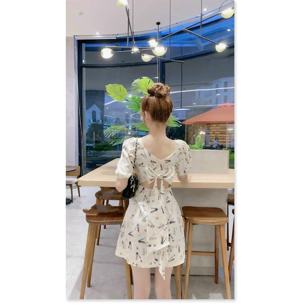 ĐẦM LỤA HỞ LƯNG IN 3D PHỐI NƠ XINH XẮN