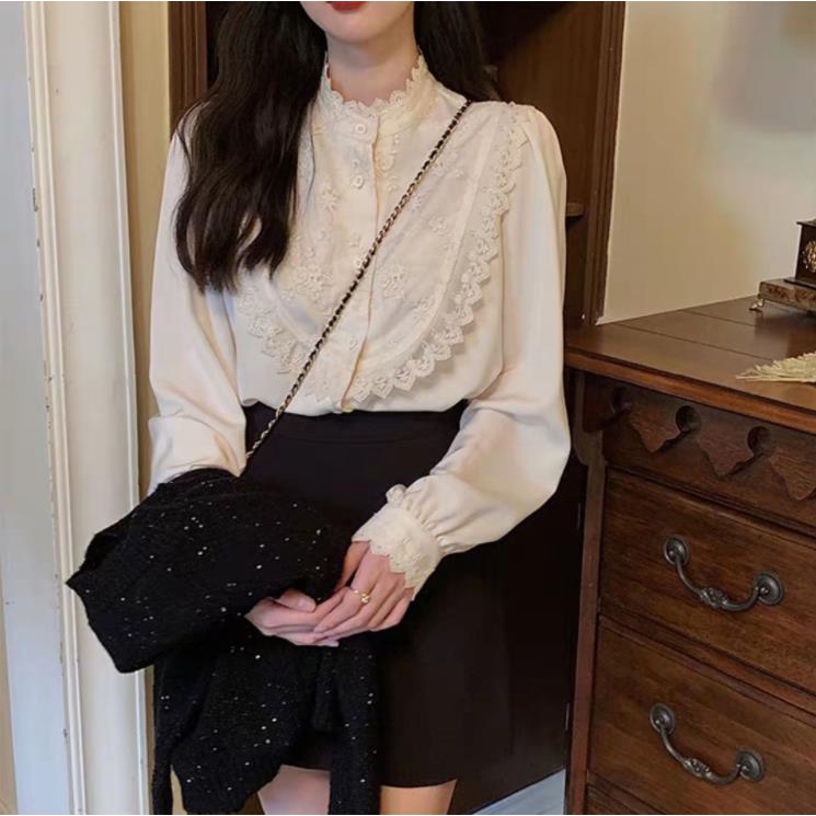 Áo Sơ Mi Tay Dài Phồng Phối Ren Màu Sắc Trơn Phong Cách Vintage Dành Cho Nữ
