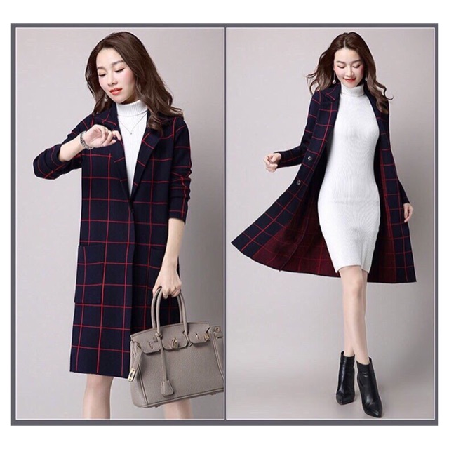 Hàng nhập - Áo khoác len phom dài kẻ ô vuông cổ vest
